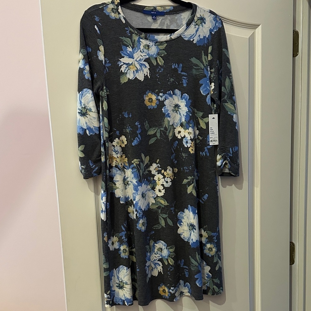 Blue and White Floral Quarter Sleeve Dress
